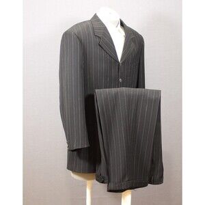 ZANETTI Mens 2 Piece Suit Black Striped 5 Btn Wool 44R Pleated Fronts 34" W
